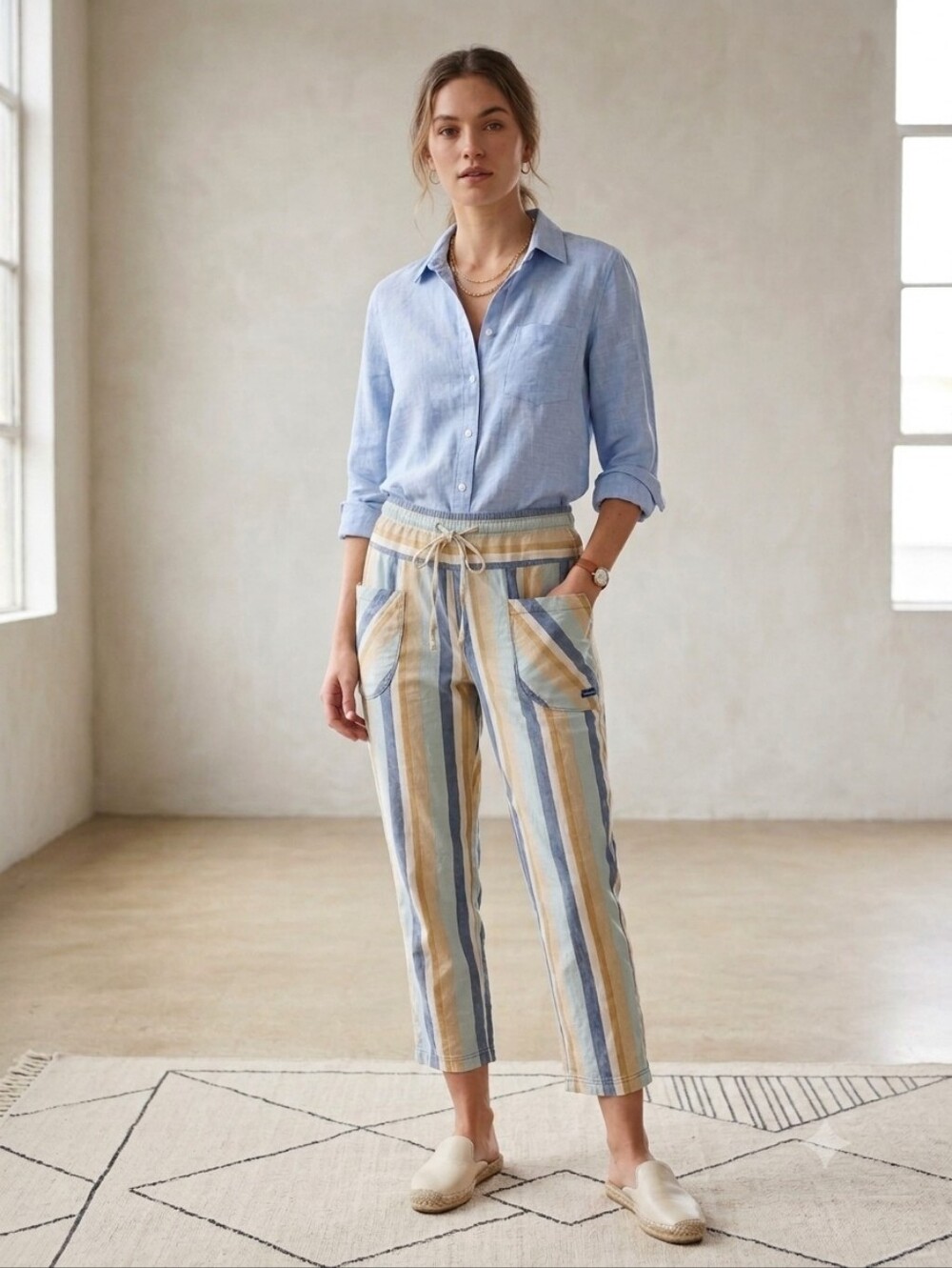 KAVU Woodside Striped Pull-On Pants Women's Large Boho Coastal Drawstring